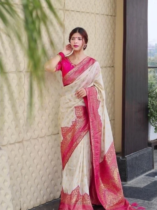 Women's Litchi silk Printed Saree With Unstitched Blouse (Half White)