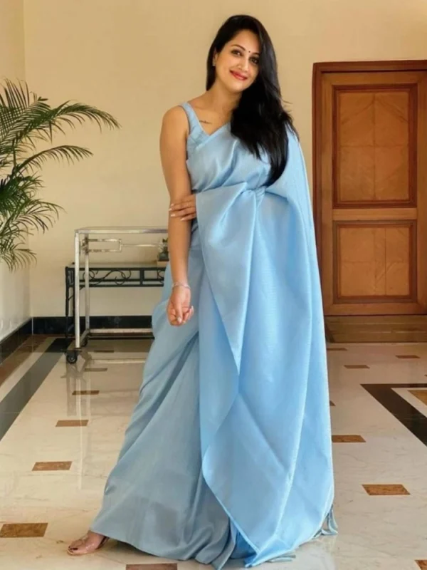 Women's Litchi silk Printed Saree With Unstitched Blouse (Light Blue)