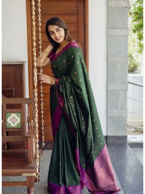 Women's Litchi silk Printed Saree With Unstitched Blouse (Dark Green)