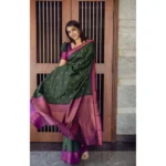 Women's Litchi silk Printed Saree With Unstitched Blouse (Dark Green) - Image 3