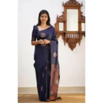 Women's Litchi silk Printed Saree With Unstitched Blouse (Dark Blue)