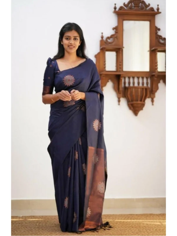 Women's Litchi silk Printed Saree With Unstitched Blouse (Dark Blue)