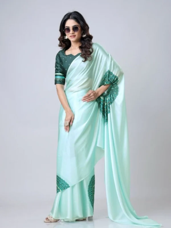 Women's Soft Crepe Silk Printed Ready To Wear Saree With Unstitched Blouse 5.5Mtr (Green)