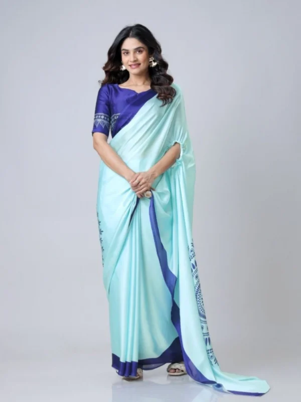 Women's Soft Crepe Silk Printed Ready To Wear Saree With Unstitched Blouse 5.5Mtr (Turquoise)