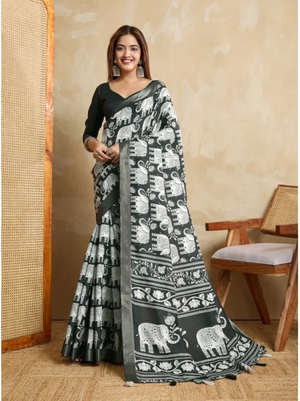 Women's Silk Blend Printed Saree With Unstitched Blouse 5.5Mtr (Green)