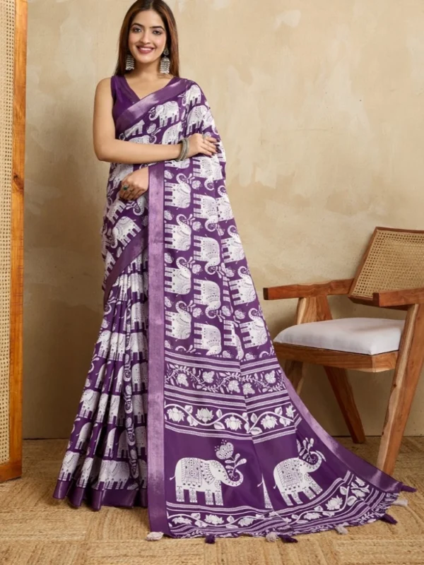Women's Silk Blend Printed Saree With Unstitched Blouse 5.5Mtr (Purple)