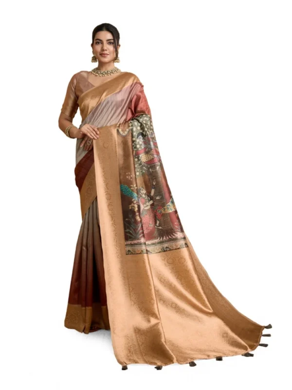 Women's Silk Printed Saree With Unstitched Blouse 5.5Mtr (Brown)
