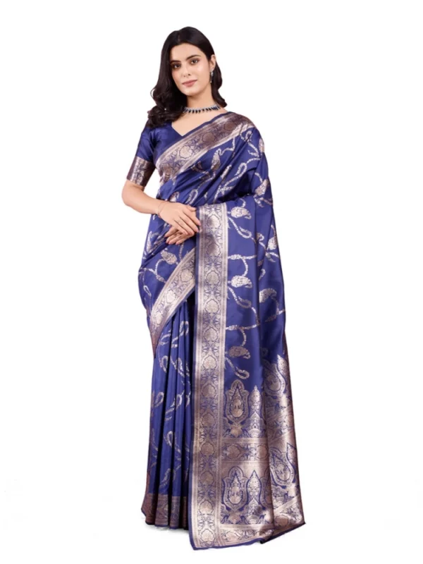 Women's Banarasi Silk Printed Saree With Unstitched Blouse 5.5Mtr (Blue)