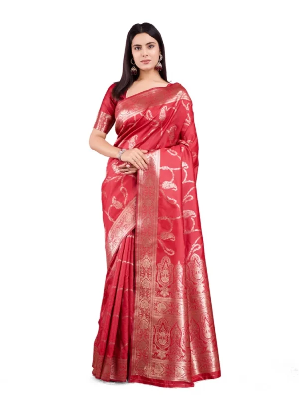 Women's Banarasi Silk Printed Saree With Unstitched Blouse 5.5Mtr (Red)