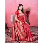 Women's Banarasi Silk Printed Saree With Unstitched Blouse 5.5Mtr (Red) - Image 3