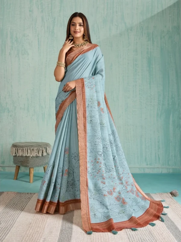 Women's Silk Blend Printed Saree With Unstitched Blouse 5.5Mtr (Blue)
