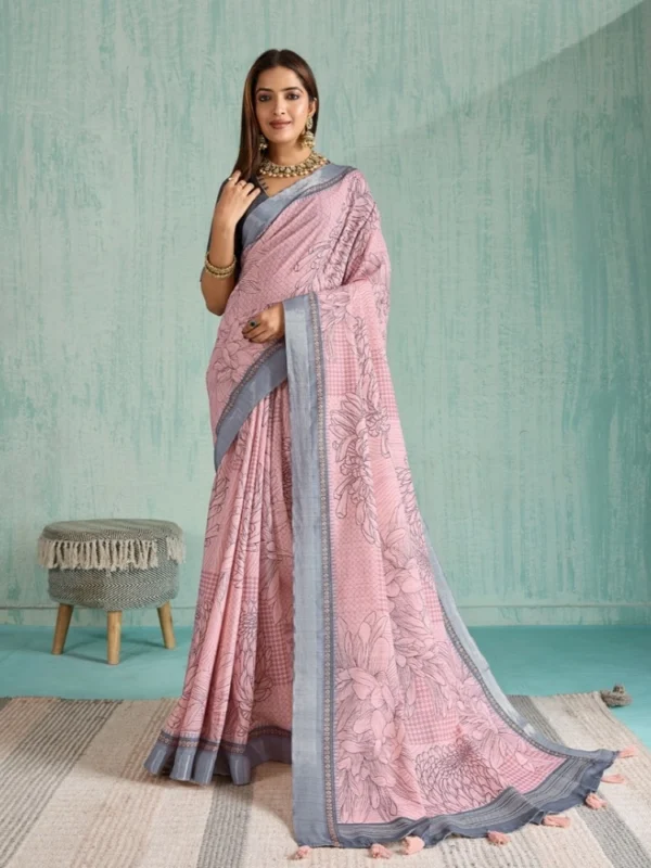Women's Silk Blend Printed Saree With Unstitched Blouse 5.5Mtr (Pink)