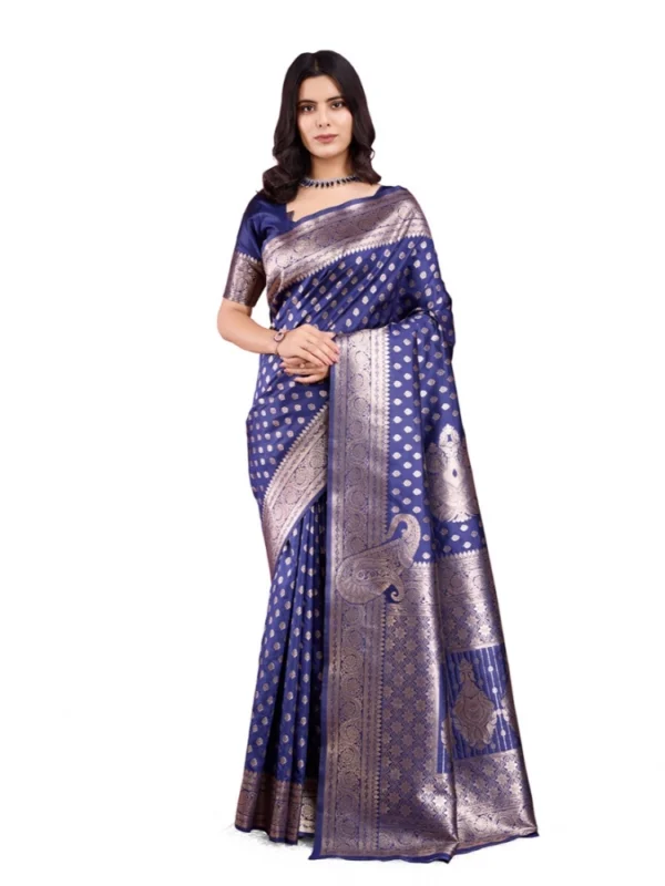 Women's Banarasi Silk Printed Saree With Unstitched Blouse 5.5Mtr (Blue)