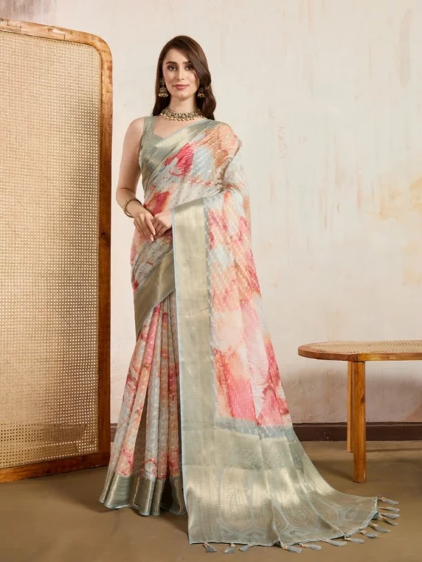 Women's Viscose Printed Saree With Unstitched Blouse 5.5Mtr (Cream)