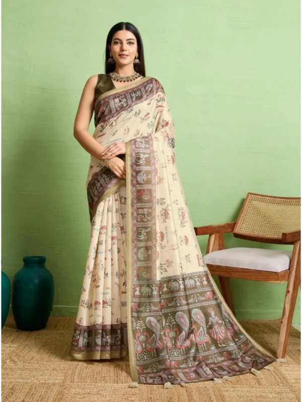 Women's Silk Blend Printed Saree With Unstitched Blouse 5.5Mtr (Cream)