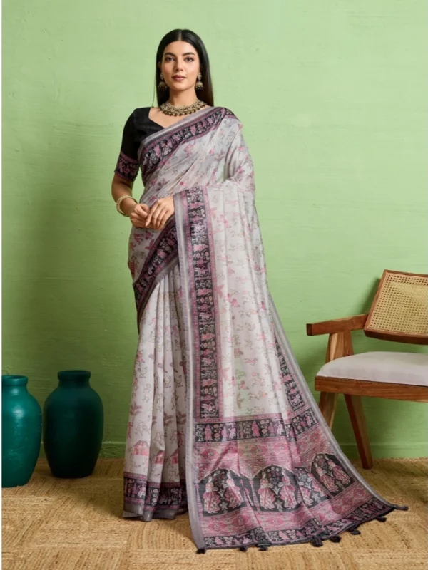 Women's Silk Blend Printed Saree With Unstitched Blouse 5.5Mtr (Grey)
