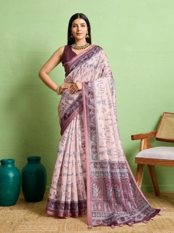Women's Silk Blend Printed Saree With Unstitched Blouse 5.5Mtr (Grey)