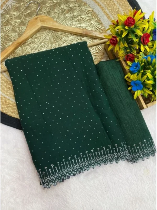 Women's Georgette Stone Work Saree With Unstitched Blouse 5.5Mtr (Green)