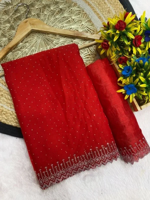 Women's Georgette Stone Work Saree With Unstitched Blouse 5.5Mtr (Red)