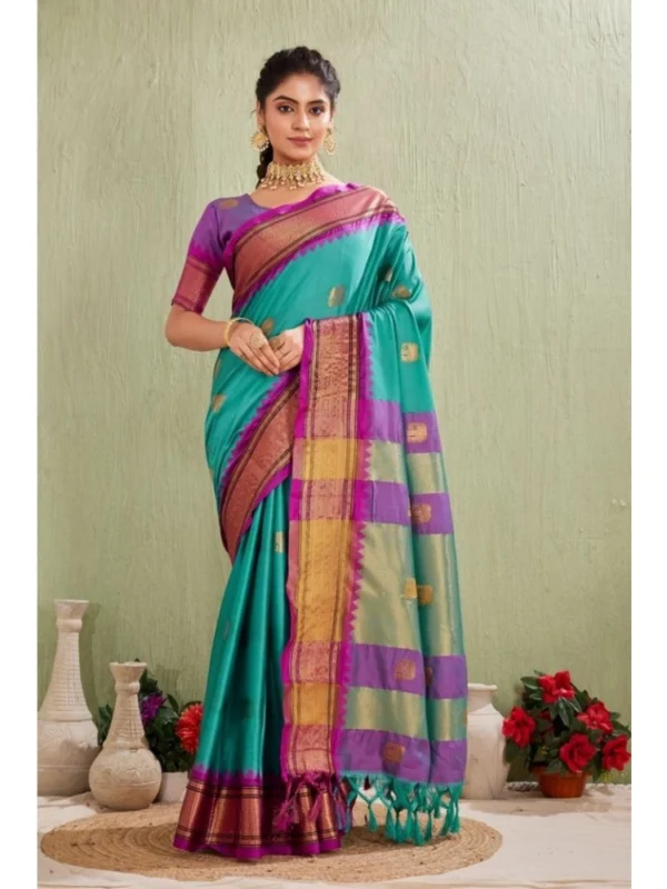 Women's Silk Blended Jaquard Woven Saree With Unstitched Blouse 5.5Mtr (Light Blue)