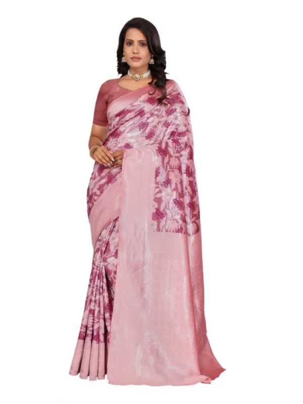 Women's Banarasi Silk Jaquard Woven Saree With Unstitched Blouse 5.5Mtr (Pink)
