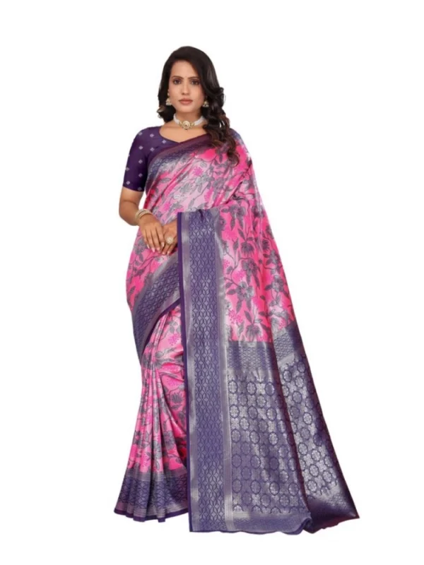 Women's Banarasi Silk Jaquard Woven Saree With Unstitched Blouse 5.5Mtr (Pink)
