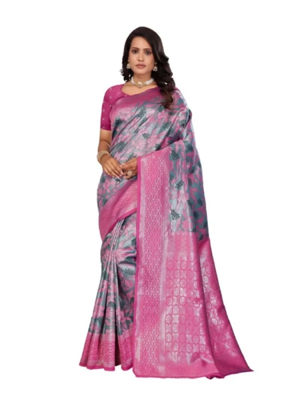 Women's Banarasi Silk Jaquard Woven Saree With Unstitched Blouse 5.5Mtr (Pink)