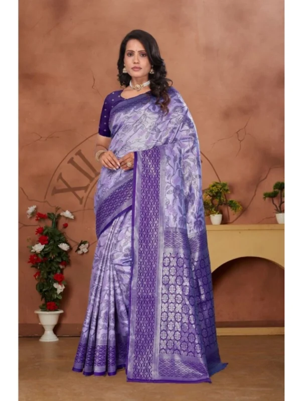 Women's Banarasi Silk Jaquard Woven Saree With Unstitched Blouse 5.5Mtr (Purple)