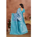 Women's Banarasi Silk Jaquard Woven Saree With Unstitched Blouse 5.5Mtr (Light Blue) - Image 3