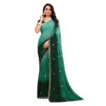 Women's Chiffon Embroidred Saree With Unstitched Blouse 5.5Mtr (Dark Green) - Image 2