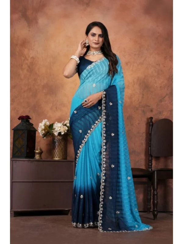 Women's Chiffon Embroidred Saree With Unstitched Blouse 5.5Mtr (Light Blue)