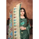Women's Linen Printed Saree With Unstitched Blouse 5.5Mtr (Dark Green) - Image 3