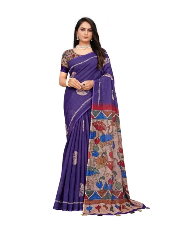 Women's Linen Printed Saree With Unstitched Blouse 5.5Mtr (Purple)