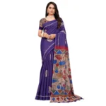 Women's Linen Printed Saree With Unstitched Blouse 5.5Mtr (Purple) - Image 2