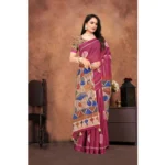 Women's Linen Printed Saree With Unstitched Blouse 5.5Mtr (Purple) - Image 4