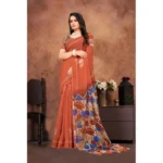 Women's Linen Printed Saree With Unstitched Blouse 5.5Mtr (Red) - Image 5
