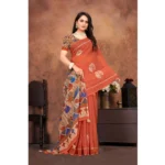 Women's Linen Printed Saree With Unstitched Blouse 5.5Mtr (Red) - Image 4