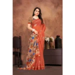Women's Linen Printed Saree With Unstitched Blouse 5.5Mtr (Red) - Image 3