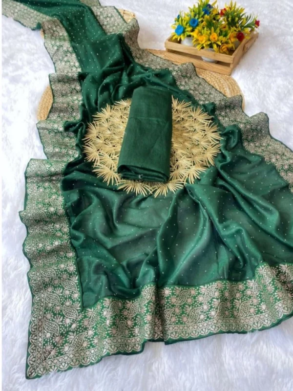 Women's Silk Embroidred Saree With Unstitched Blouse 5.5Mtr (Dark Green)
