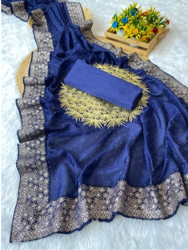 Women's Silk Embroidred Saree With Unstitched Blouse 5.5Mtr (Blue)