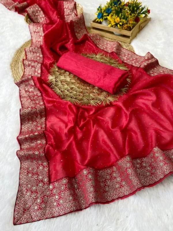 Women's Silk Embroidred Saree With Unstitched Blouse 5.5Mtr (Pink)