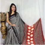 Women's Satin Printed Saree With Unstitched Blouse 5.5Mtr (Black)
