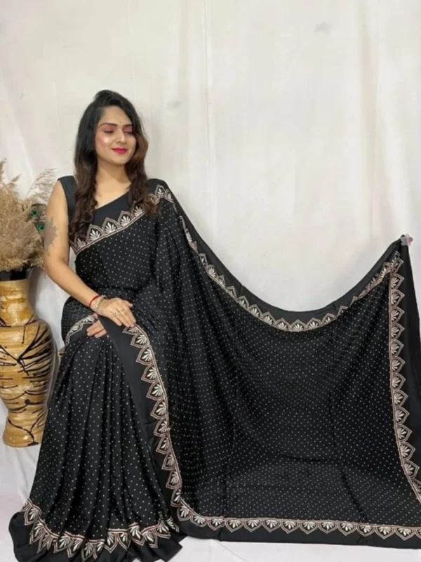 Women's Satin Printed Saree With Unstitched Blouse 5.5Mtr (Black)
