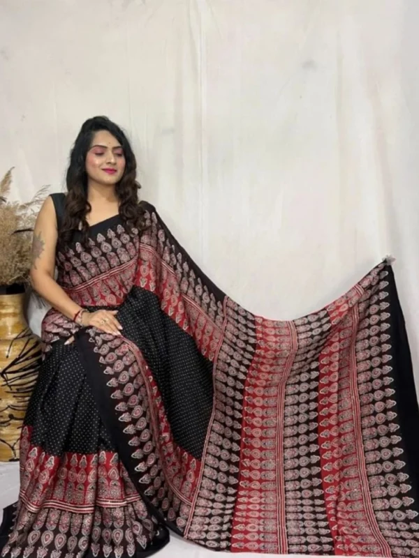 Women's Satin Printed Saree With Unstitched Blouse 5.5Mtr (Black)