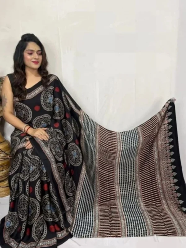 Women's Satin Printed Saree With Unstitched Blouse 5.5Mtr (Black)