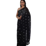 Women's Linen Printed Saree With Unstitched Blouse 5.5Mtr (Black) - Image 2