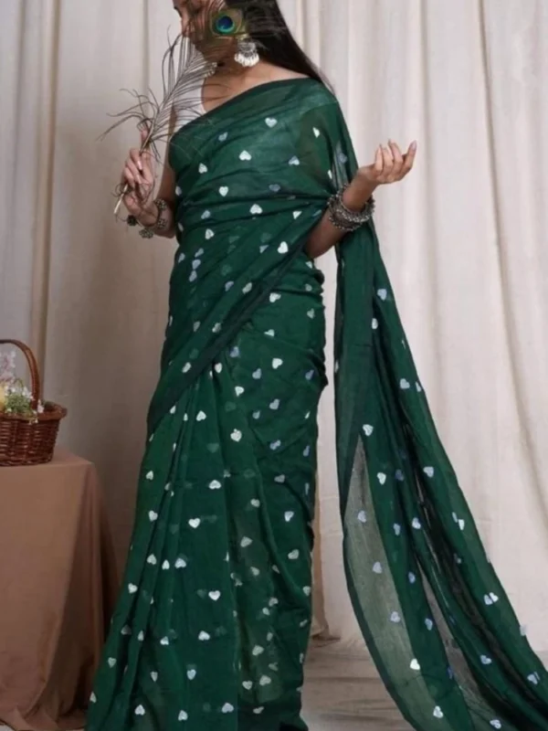 Women's Linen Printed Saree With Unstitched Blouse 5.5Mtr (Green)
