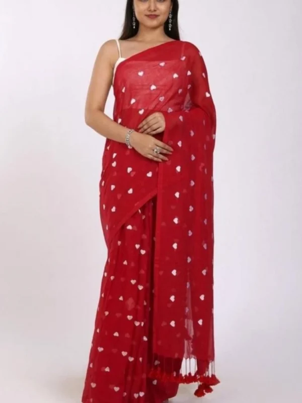 Women's Linen Printed Saree With Unstitched Blouse 5.5Mtr (Red)