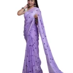 Women's Linen Printed Saree With Unstitched Blouse 5.5Mtr (Purple) - Image 2