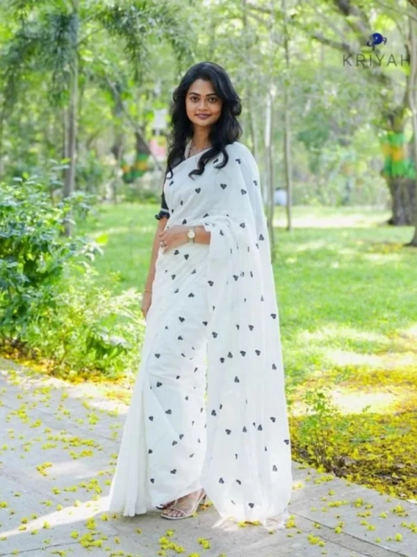 Women's Linen Printed Saree With Unstitched Blouse 5.5Mtr (White)